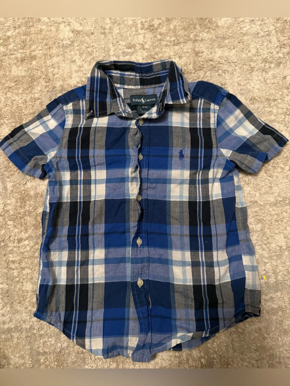 Ralph Lauren Blue White Gray Plaid Short Sleeve Button-Down Cotton Shirt size 4T